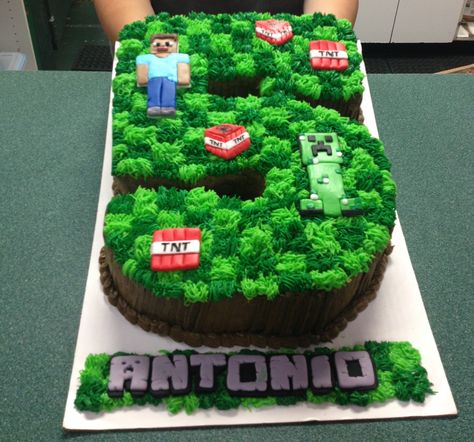 Antonio's minecraft cake! Number 8 Minecraft Cake, Number 6 Minecraft Cake, Minecraft Cake Without Fondant, Number 7 Minecraft Cake, Roblox Number Cake, Minecraft Number Cake, Simple Minecraft Cake, Minecraft Birthday Cake Ideas, Minecraft Cupcake Cake