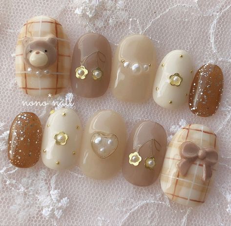 Brown Kawaii Nails, Teddy Bear Nails, Nail Art 3d, Bears Nails, Art Deco Nails, Asian Nails, Nail Drawing, Anime Nails, Cute Nail Art Designs