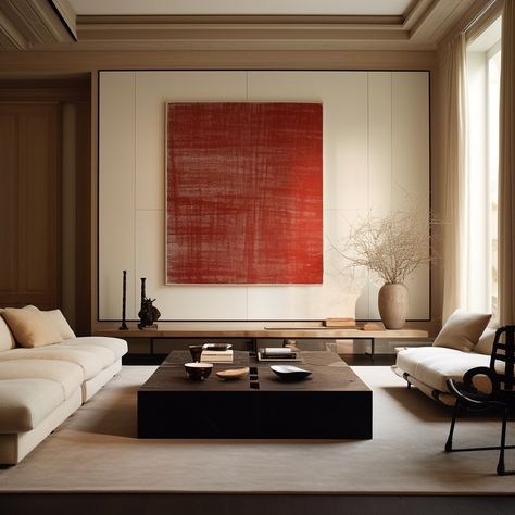 A striking piece of xl art in red. Adds excitement to the space. The European Chic collection on Pinterest: A collection of images by Modern Relik. Shop Luxury European furniture online at www.modernrelik.com Modern Luxurious Interior Design, Modern Red Living Room, Red In Interior Design, Modern European Design, European Modern Interior, Modern European Living Room, Living Room Modern Luxury, Modern Art Deco Living Room, Museum Decor