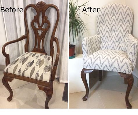 Twenty years ago I had this dining room chairs custom made. I wanted them to  be sturdy enough they could last for many years, so I chose the best  wood I could... Chair Transformation, Retro Office Chair, Diy Chair Covers, Dining Chair Makeover, Dining Chairs Diy, Diy Furniture Upholstery, Upcycling Furniture, Reupholster Furniture, Casa Vintage