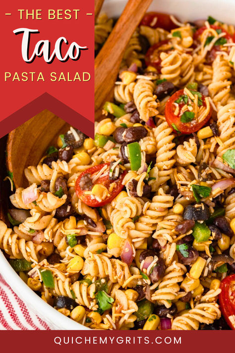 A vibrant bowl of Taco Pasta Salad with colorful ingredients, including pasta, seasoned beef, shredded cheese, cherry tomatoes, and sliced green onions, all tossed in a creamy taco dressing. This fun, flavorful salad is perfect for summer gatherings or a quick, satisfying meal. Taco Noodle Salad, Southwest Taco Pasta Salad, Cuban Pasta Salad, Cowboy Pasta Salad, Southwest Tacos, Summer Potluck Dishes, Mexican Bean Soup, Veggies Pasta, Chili Lime Dressing