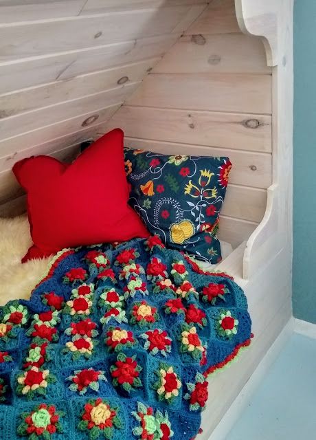 Norwegian Crocheted Afghan Throw for Built-In Beds Norwegian Crochet, White Washed Pine, Cottagecore Crochet, Red Houses, Norwegian Rosemaling, Built In Bed, Crocheted Blanket, Crochet Blanket Afghan, Kid Room