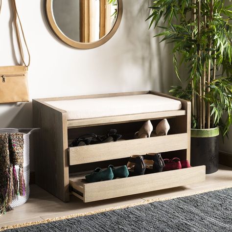 Project Tidy Byron Wood Storage Bench & Reviews | Wayfair Storage Bench With Cushion, Furnitur Ruang Keluarga, Shoe Storage Bench, Sliding Shelves, Wood Storage Bench, Upholstered Storage Bench, Shoe Bench, Bench With Shoe Storage, Shoe Storage Cabinet