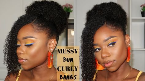 Hairstyle For Natural Hair : Messy Curly High Bun And Side Bang - https://blackhairinformation.com/video-gallery/hairstyle-for-natural-hair-messy-curly-high-bun-and-side-bang/ Curly High Bun, Hairstyle Grunge, High Bun Wedding Hairstyles, Hairstyle For Natural Hair, Curly Natural Hairstyles, Bun With Bangs, Messy Hairstyle, Women Short Hairstyles, Cool Hair Styles