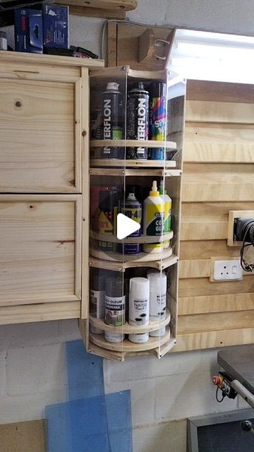 Diy Small Cabinet Storage, Paint Can Organization Garage, Small Garage Woodshop, Small Workshop Storage, Diy Garage Storage Ideas Organizing, Shop Vac Storage Ideas, Workshop Storage Ideas Organisation, Paint Can Storage Ideas, Van Storage Ideas Tools