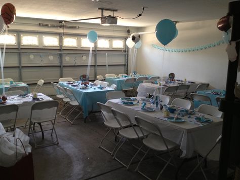 Sports baby shower Small Garage Party Set Up Ideas, Garage Baby Shower Ideas, Garage Party Set Up Ideas, Sports Baby Shower Decorations, Baby Shower Sports, Vase Lights, Mexican Theme Wedding, Twin Boys Baby Shower, Sports Baby Shower Theme