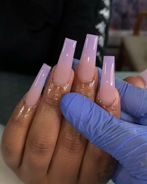 Medium Coffin Pink Nails, Bday Nails Ideas Square, Medium Square Nails Designs Winter, Tapered Coffin Acrylic Nails, Lavender Acrylic Nails Coffin Long, Lavender Long Nails, Purple Nails With Initial, Long Lavender Nails, Lavender Ombre Nails