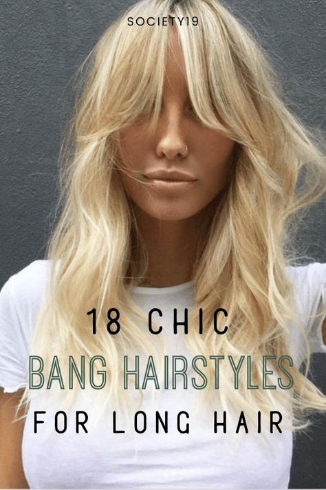 18 Chic Bangs Hairstyles For Long Hair - Society19 70s Style Bangs Fringes, Light Fringes For Long Hair, Long Hairstyles Long Bangs, 70s Bangs Long Hair Straight, 70s Style Long Hair, Carpet Bangs Long Hair, Trendy Bangs Long Hair 2023, Blond 70s Hair, Feather Layers Long Hair Bangs