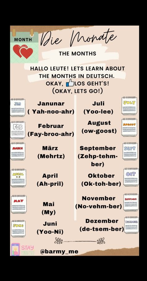 Months In German, German Pronunciation, German Language Learning, Learn German, Small Words, German Language, Language Learning, Getting To Know, Vocabulary