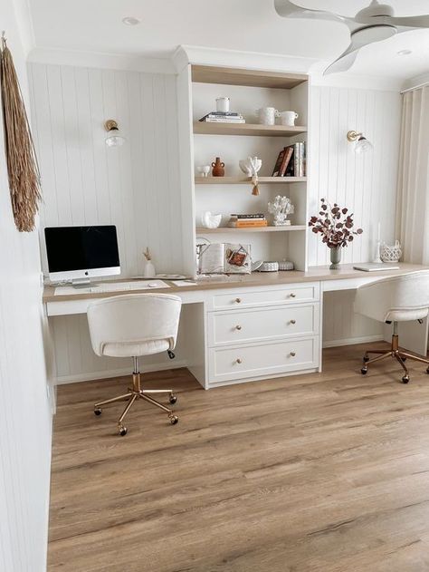 Office With Living Space, Diy Home Office Built Ins With Desk, Home Office In Eves, Built In Office Desk And Cabinets For Two, 2 Work Station Home Office, Desk With Two Chairs, Living Room Designs With Office, Built In Desk Playroom, Home Office Built In Desk For Two