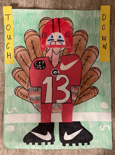 Turkey disguised as Georgia Bulldog quarterback Stetson Bennett. Football Turkey Disguise, Disguise A Turkey Football Player, Turkey In Disguise Project Ideas, Disguise A Turkey Ideas Kids, Turkey Disguised, Stetson Bennett, Turkey Ideas, Turkey Disguise Project, Turkey Project