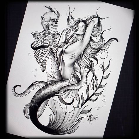 Evil Siren Tattoo, Siren Tattoo Design, Pirate Girl Tattoos, Siren Tattoo, Mermaid Tattoo Designs, Skull Girl Tattoo, Pirate Tattoo, Flower Tattoo Drawings, Mermaid Artwork