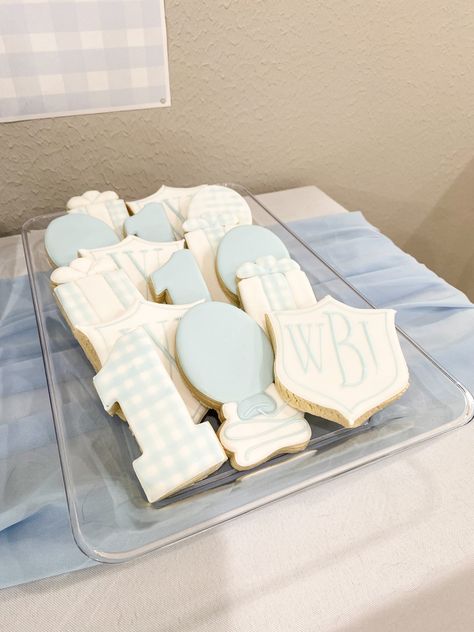 Blue First Birthday Cookies, Blue And White First Birthday Cake, Blue Gingham Birthday Party, Blue Gingham First Birthday, Classic Blue And White First Birthday, Blue And White First Birthday, Gingham Cookies, White 1st Birthday Party, Classic First Birthday