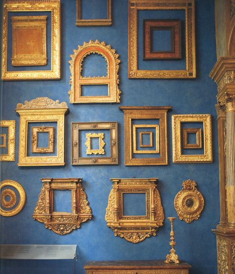 Gold frames evoke a feeling of opulence and wealth - making us feel richer. Hang your favorite artwork in a gold frame for maximum effect. Patio Bohemio, Antique Picture Frames, Color Forecasting, Attic Room, Store Interiors, Antique Pictures, Gallery Wall Frames, Antique Frames, Gallery Walls