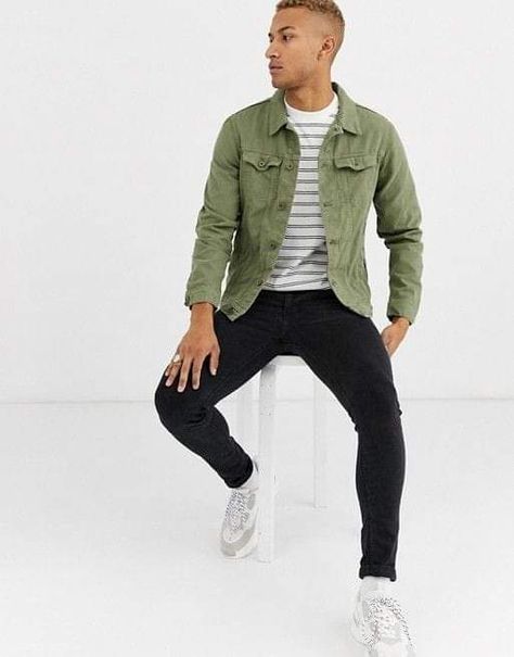 Khaki Denim Jacket Outfit Men, Green Denim Jacket Outfits Men, Jacket Outfits Men, Jean Jacket Outfits Men, Denim Jacket Men Outfit, Coloured Denim Jacket, Waxed Canvas Jacket, Coloured Denim, Denim Jacket Mens