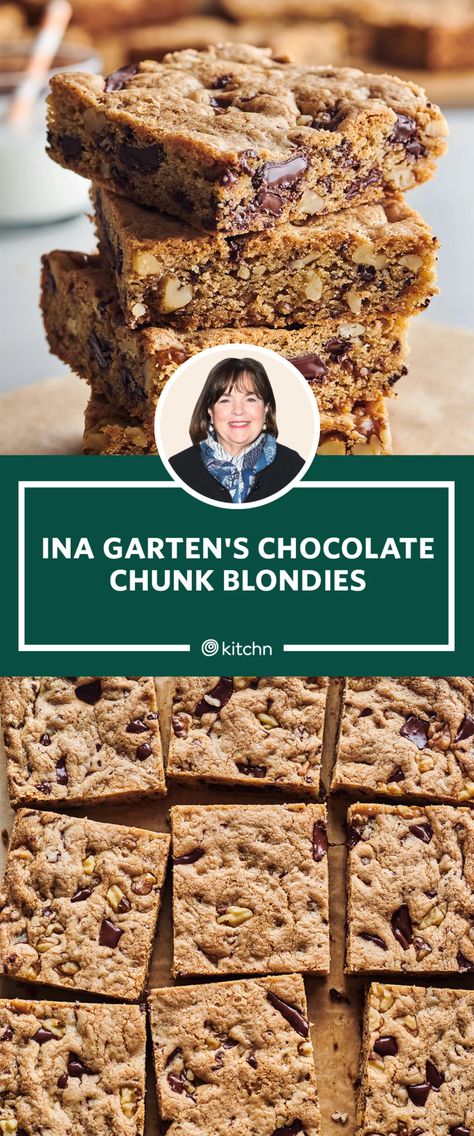 Ina Garden Brownie Recipe, Ina Garden Recipes Desserts, Chocolate Chunk Blondies, Best Ina Garten Recipes, Ina Garden, Butterscotch Blondies, Chocolate Chunk Brownies, Chocolate Cookie Bars, Chocolate Blondies