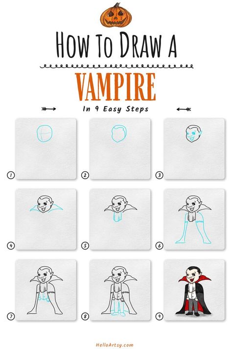 Step by step lesson demonstrating how to draw a Vampire Drawing for Kids Easy Halloween Drawings, Vampire Drawings, Drawing Lessons For Kids, Fall Art Projects, Halloween Drawings, Drawing Lessons, Autumn Art, Easy Halloween, Learn To Draw