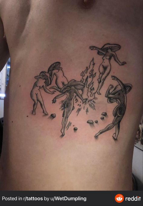 Mushroom Lady Tattoo, Dancing Around A Fire, Mushroom Lady, Dance Tattoo, Ladies Dancing, Lady Tattoo, Prison Tattoos, Mushroom Tattoos, Witch Tattoo