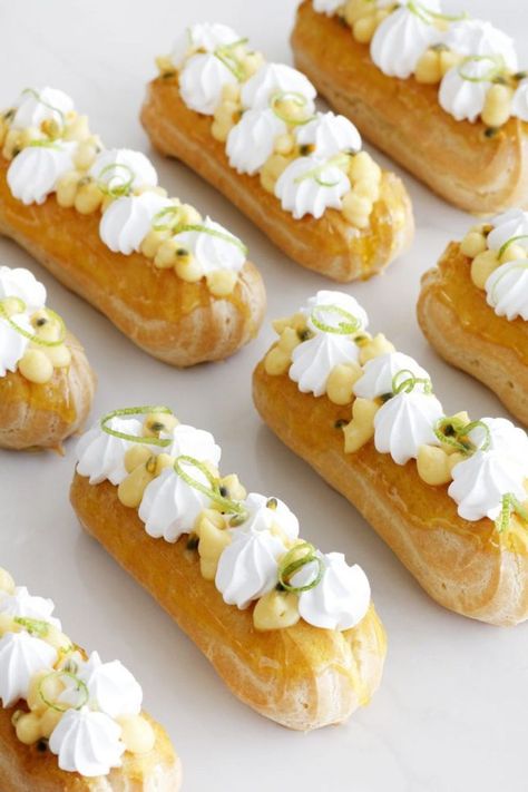 15 Passion Fruit Dessert Recipes Perfect for Your Spring Date Night - Brit + Co Passionfruit Dessert, Passion Fruit Ice Cream, Kue Macaroon, Eclair Recipe, Patisserie Fine, Fruit Cream, Croquembouche, Italian Meringue, Fruit Dessert Recipes