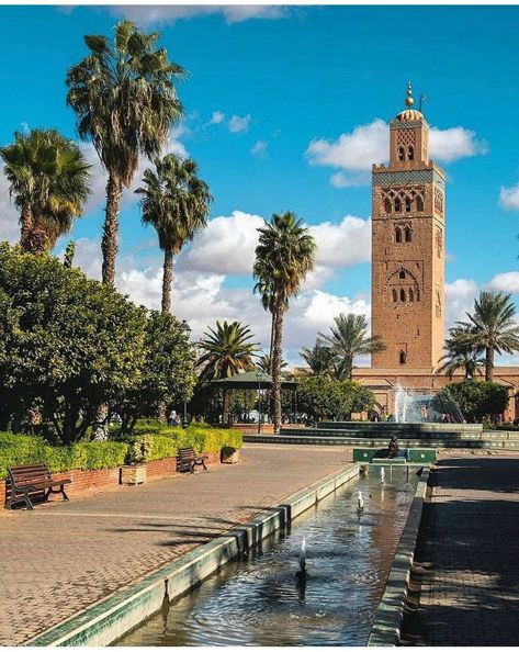 marrakesh park by the Koutoubia Mosque Koutoubia Mosque, Modern Arabic Interior, Arabic Interior, Architecture Apartment, Residential Architecture Apartment, Morocco Itinerary, Travel Morocco, Marrakesh Morocco, Itinerary Planning