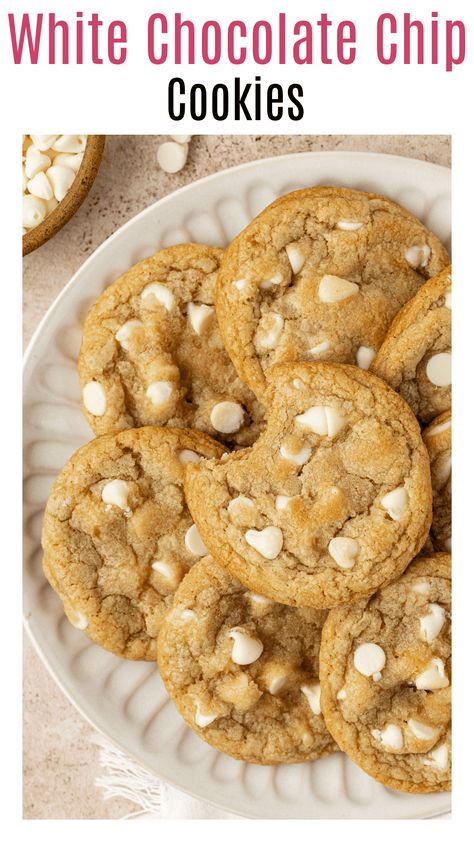 If you love white chocolate, then you're going to love these all white chocolate chip cookies that are quick to make and require no chilling time! This chocolate chip cookie recipe with white chocolate chips are soft, chewy, and full of white chocolate flavor! There's no mixer needed and made with melted butter. White Choc Cookies, Chewy White Chocolate Chip Cookies, White Chocolate Cookie Recipes, White Chocolate Chip Cookies Recipes, Strawberry Cheesecake Cookies, Cheesecake Cookies Recipes, Strawberry Cake Mix, Cookie Bakery, White Chocolate Chip