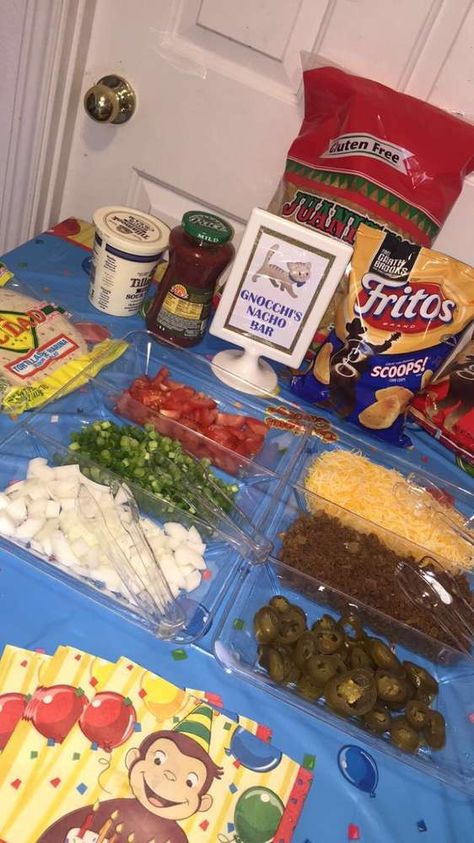 Curious George Party Food Ideas, Curious George Birthday Party Ideas 1st, Curious George Birthday Party Ideas, River Party, George Birthday Party, Curious George Birthday Party, Curious George Party, Nacho Bar, Curious George Birthday