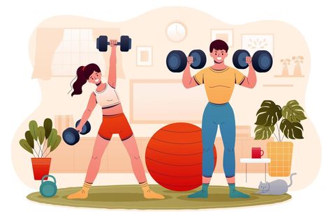 Exercising Cartoon, At Home Illustration, Dumbbells At Home, Exercises With Dumbbells, Home Gym Workout, Friends Sketch, Home Illustration, Gym Partner, Sports Templates