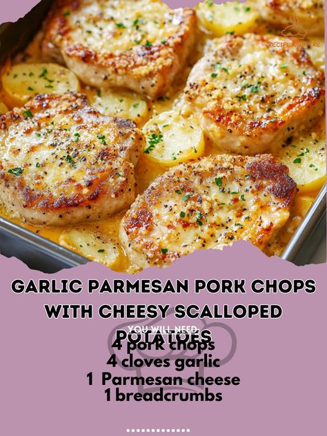 🌟 Elevate your dinner with Garlic Parmesan Pork Chops and Cheesy Scalloped Potatoes! 🍽️ Garlic Parmesan Pork Chops with Cheesy Scalloped Potatoes Ingredients: - 4 pork chops - 4 cloves garlic (minced) - 1/2 cup grated Parmesan cheese - 1/4 cup breadcrumbs - 1/4 cup olive oil - Salt and pepper to taste For Cheesy Scalloped Potatoes: - 4 large potatoes (sliced) - 2 cups shredded cheddar cheese - 1 cup heavy cream - 2 cloves garlic (minced) - 1/2 cup grated Parmesan cheese - Salt and pepper t... Garlic Parmesan Pork Chops With Scalloped Potatoes, Garlic Parmesan Pork Chops And Cheesy Scalloped Potatoes, Garlic Parmesan Pork Chops And Potatoes, Garlic Parmesan Pork Chops With Cheesy Scalloped Potatoes, Cheesy Garlic Scalloped Potatoes, Scalloped Potatoes And Pork Chops, Pork Chops And Scalloped Potatoes, Side Dishes For Pork Chops, Pork Chops With Scalloped Potatoes