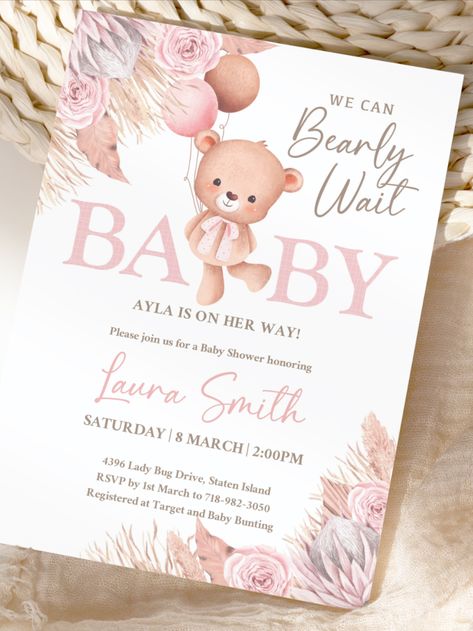 Baby Shower Invitations Girl, Baby Shower Oso, Teddy Bear Baby Shower Invitations, Baby Shower Invitation Girl, Teddy Girl, Bear Invitations, Teddy Bear Girl, Bearly Wait