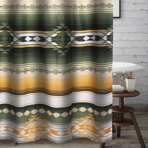 Summon the spirit of the great Southwest to your space with the Zuma bath and shower curtain. This shower curtain features desert gold and cactus green stripes and native geometric motifs. Reinforced button holes along the top for easy hanging. Hanging hardware not included. Dimensions: 72x72 inches. Designed for use with a waterproof liner (not included). 100% polyester microfiber. Machine washable.FABRIC: 100% brushed microfiber polyesterShower curtain measures 72 x 72 inches.Reinforced button Modern Shower Curtains, Button Holes, Modern Shower, Southwest Style, Furniture Assembly, Furniture Removal, Shades Of Yellow, Yellow Stripes, Green Stripes