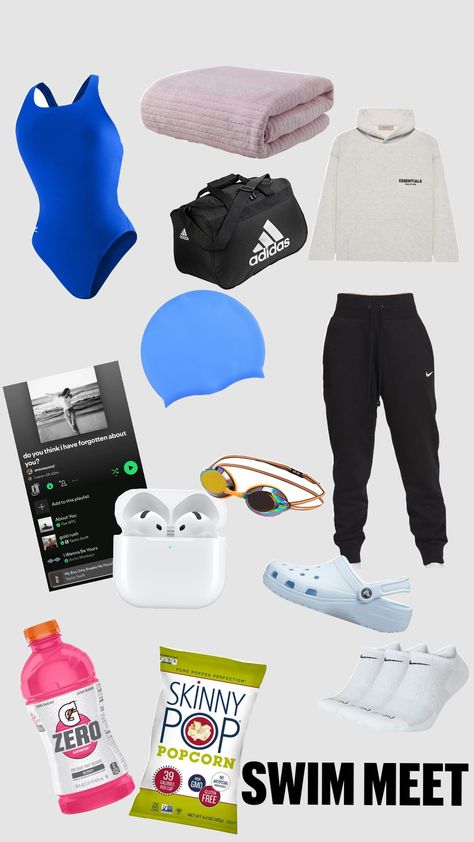 SWIM MEET<33 High School Swim Team Aesthetic, Swimming Competition Aesthetic, Swim Team Party, Swim Aesthetic, Swim Gym, Swimming World, Daily Routine Planner, Swimming Gear, Gym Bag Essentials