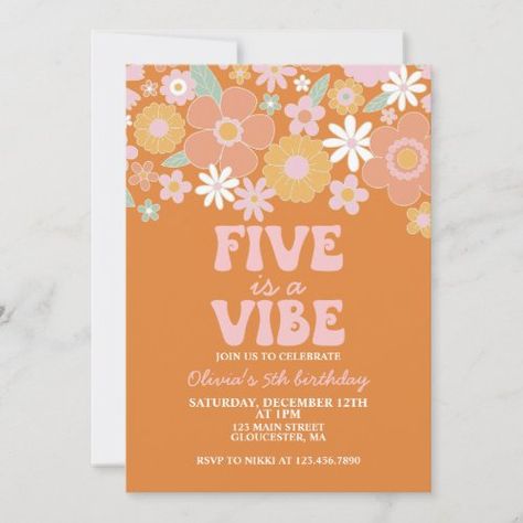 $2.98 | Five is a vibe Groovy Retro Floral 5th birthday - retro, daisy, boho, girl, flowers, floral, burnt orange, groovy, five is a vibe, 5th birthday 10th Birthday Invitation, 98th Birthday, Boho Fonts, Baby Birthday Decorations, 2nd Birthday Invitations, Retro Birthday, Groovy Retro, Birthday Supplies, Birthday Template