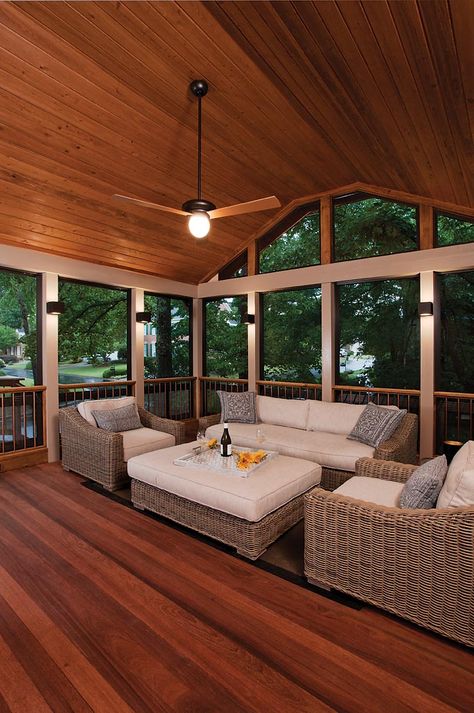 Three season porch with Eze-Breeze® windows and high tongue and groove ceiling. Back porch designed and built by Atlanta Decking & Fence. 3 Season Porch Ideas, Back Porch Designs, 3 Season Porch, Three Season Porch, Enclosed Porch, 4 Season Room, Screened Porch Designs, 3 Season Room, Four Seasons Room