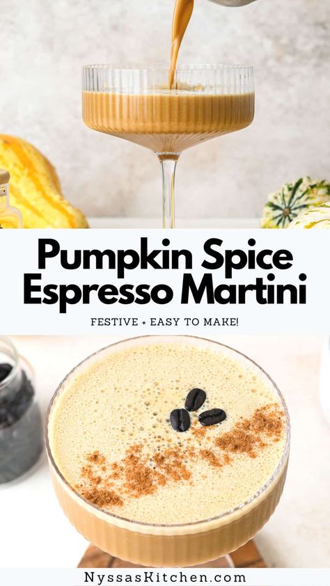 This pumpkin spice espresso martini recipe is a delightful fall inspired twist on a classic cocktail that we all know and love. Made with vodka, coffee liqueur, cold brew or espresso, REAL pumpkin, and pumpkin pie spice. The perfect creamy pumpkin spice cocktail to enjoy all fall long! Easily made dairy free by opting for a dairy free creamer. Thanksgiving Pumpkin Decorating Ideas, Yummy Fall Cocktails, Three Olives Espresso Martini, Creamy Halloween Cocktails, Pumpkin Chai Martini, Thanksgiving 2024 Ideas, Sweet Fall Cocktails, Thanksgiving Dessert Drinks, Fall Champagne Drinks