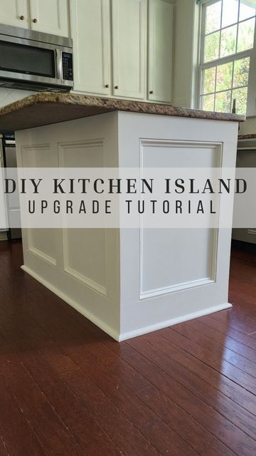 Mary Johanson | DIY Tutorials + Home Maintenance & Inspiration on Instagram: "Comment "link" below for the full blog post tutorial! What do you think? I wish I had done this a lot sooner! ✔️1x6's for the bottom ✔️1x4's for the top and verticals ✔️Picture frame molding for the inside of each "square" ✔️round shoe molding around the bottom ✔️ wood filler for seams and nail holes then sand ✔️ caulk and paint Save this for your project list! ❤ #makersgonnamake #kitchen #modernfarmhouse #maker Framed Kitchen Island, Adding Molding To Kitchen Island, Kitchen Trim Ideas Moldings, Cabinet End Panel Ideas Diy, Island Molding Ideas, Kitchen Island Moulding, Kitchen Island Molding Ideas, Kitchen Island Trim Ideas Moldings, Island Paneling Ideas