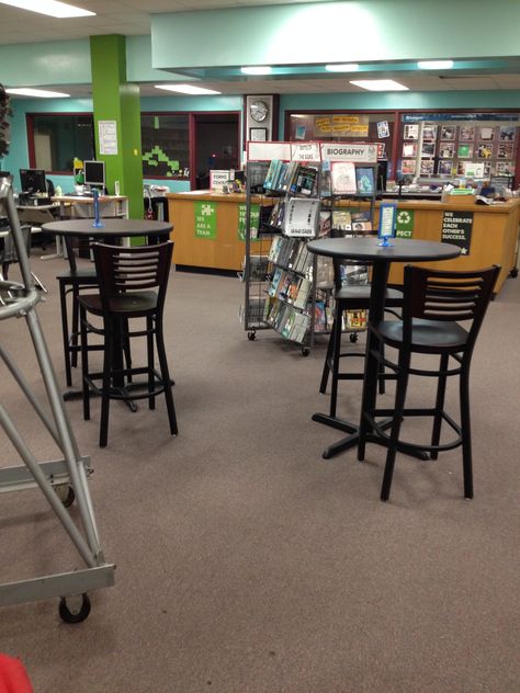 The Great Library Makeover Part 1: How we fixed up our library in Fall 2014 Teen Library Space, Library Makeover, Tall Tables, Library Renovation, Library Seating, Reading Cafe, Great Library, Makerspace Library, Small Library