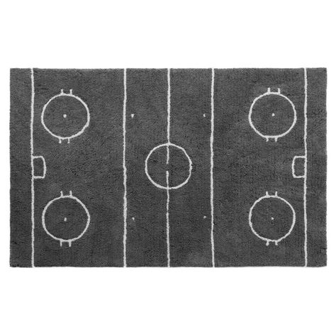 Calling all hockey fans! If you eat, breathe and sleep it, you'll love this unique soft rug featuring details of a hockey rink. In a kid's bedroom, a family room or a game room, it’ll be the perfect accent to let everyone know your home is full of hockey lovers! | Hockey Rink Rug | Grey | Bouclair Hockey Bathroom Ideas, Kids Hockey Bedroom, Hockey Playroom, Hockey Room For Boys, Hockey Bathroom, Hockey Kids Room, Hockey Themed Bedroom, Boys Hockey Bedroom, Hockey Bedroom Decor