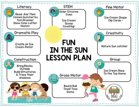 Don't miss out! Download this free lesson plan for the Fun in the Sun theme for your preschoolers to enjoy their summer! Visit #prekprintablefun to download! The Sun Preschool, Sun Activities, Summer Lesson Plans, Daycare Spaces, Fun Lesson Plans, Summer Lesson, Summer Preschool Activities, Lesson Activities, Lesson Plans For Toddlers