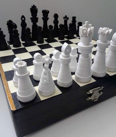 Chess set I made including hand painted chess box Chalk Carving, Handmade Chess Set, Quilling Videos, Quilling Dolls, Diy Newspaper, Quilling Pattern, Paper Quilling For Beginners, Paper Quilling Jewelry, Quilling 3d