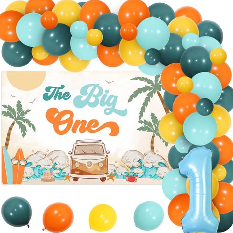 PRICES MAY VARY. Surf 1st Birthday Decorations: The package includes 48 x latex balloons 12 inches, 20 x latex balloons 5 inches, 1 x The Big One backdrop 5*3 ft, 1 x number 1 foil balloon 32 inches, 1 x tape strip, 1 x adhesive dispense, 2 x white ribbon. The Big One Surf Backdrop: The size of surfing birthday backdrop is 3*5 ft(1x1.5m), it is made of high quality polyester, durable and reusable. The backdrop has four iron rings on edge corner, it is easy to hang up with included long rope, whi The Big One Surf Birthday, Hawaiian Surfboard, First Birthday Theme Boy, Birthday Balloon Garland, Lavender Balloons, Surf Birthday, Beach Swimming Pool, 1st Birthday Party Decorations, Balloon Lights