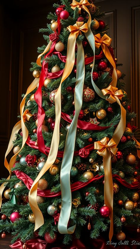 20 Stunning Christmas Tree Ribbon Ideas to Elevate This Season With a Bow on Top Christmas Tree Ribbon Ideas, Tree Ribbon Ideas, Christmas Tree Ribbon, Ribbon Ideas, Tree Ribbon, Rustic Ornaments, Personalized Ribbon, Ribbon On Christmas Tree, Decor 2024