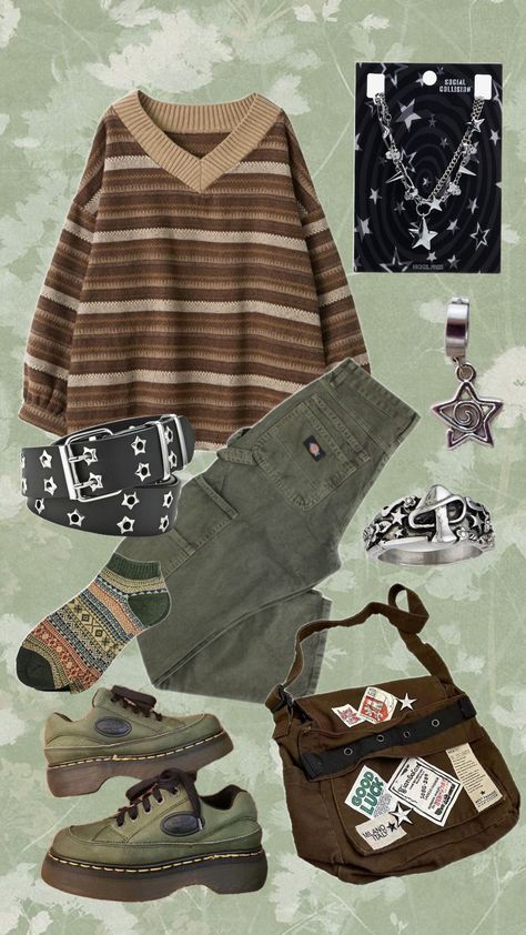 #outfit #outfitinspo #green #outfitcollage Vintage Earthy Aesthetic Outfits, Green And Brown Clothes Aesthetic, Forest Core Aesthetic Outfits, Coffee Shop Style Outfits, Coffee House Aesthetic Outfits, Earthcore Aesthetic Outfits, Brown Graphic Tee Outfit, Green Shoe Outfits, Full Green Outfit