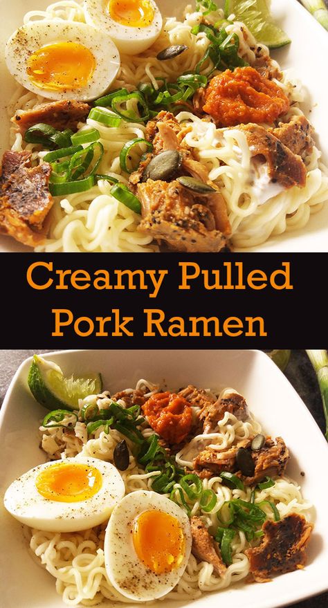 Pulled Pork Ramen Noodle Recipes, Ramen Noodles With Pork, Easy Pork Ramen Noodle Recipes, Bbq Pork Ramen, How To Cook Pork For Ramen, Pork Chop Ramen, Pulled Pork Ramen, Pulled Pork Leftover Ideas, Pulled Pork Omelette