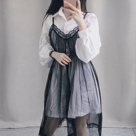 Sheer Dresses Outfit, Black Sheer Dress, Transparent Dress, Hooded Flannel, Black Dress Outfits, Kawaii Fashion Outfits, Fairy Fashion, Ulzzang Fashion, Fall Fashion Outfits