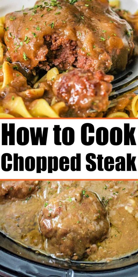 Chopped steak recipe in slow cooker, stove, oven or in air fryer is here! How to cook chop steak with gravy to serve over pasta for dinner. Chopped Sirloin Patties Recipe, Crockpot Round Steak Recipes, Steak In Air Fryer, Chopped Steak Recipes, Chop Steak, Sirloin Steak Recipes, Beef Chops, Round Steak Recipes, Crockpot Steak