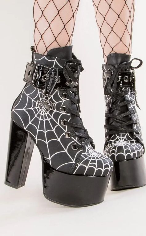 Spiderweb Embroidery, Artist Things, Alt Shoes, Goth Platforms, Goth Stuff, Demonia Boots, Alternative Shoes, Goth Shoes, Goth Boots