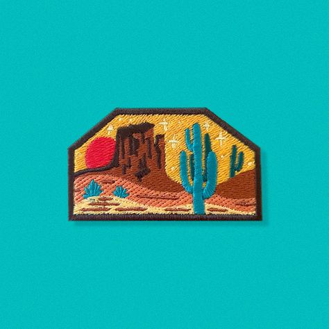 "I've always had a love of the desert and cactus and I wanted to create a patch that epitomized the beauty of it. This patch is the perfect size for a hat, jacket, backpack, or just about anything really! Embroidered onto felt and ready to throw onto your favorite hat, jacket, backpack, or whatever! * Measures approx 1.5\"x3\" and is available as an iron-on or sew-on patch.  * This patch is embroidered onto the highest quality canvas with professional grade Madeira embroidery thread.  * Iron-on Desert Artwork, Cactus Patch, Graphic Design Type, Embroidery Business, Western Embroidery, Felt Ideas, Western Design, Patches Jacket, Embroidery Patch