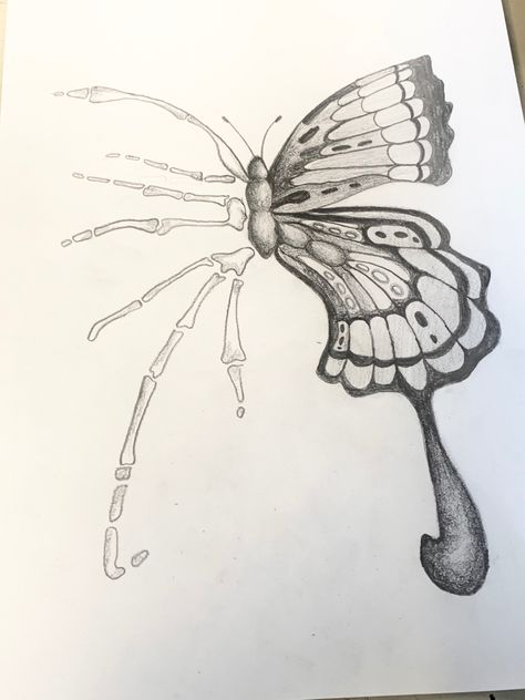 Half Butterfly Half Bones, Bones Butterfly Tattoo, Stomach Meet Butterflies Drawing, Gcse Art Butterflies, Gcse Butterfly Art, Butterfly Bones Tattoo, Skeleton Butterfly Drawing, Trippy Butterfly Drawing, Aesthetic Butterfly Sketch