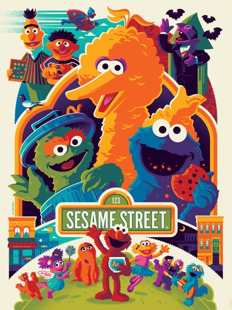 Sesame Street Poster by Tom Whalen for Dark Hall Mansion Sesame Street Poster, Elmo Wallpaper, Tom Whalen, Jordan Poster, Street Poster, Sesame Street Muppets, Sesame Street Characters, Sesame Street Birthday, Disney Posters