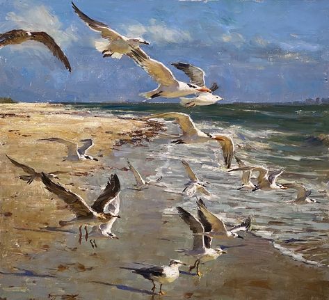 Sanibel Seagulls by Derek Penix, 33 x 36 Beach Scene Painting, Shore Birds, Seagulls Flying, Painting Competition, Hur Man Målar, Textured Canvas Art, Art Competitions, Sea Painting, Impressionist Art